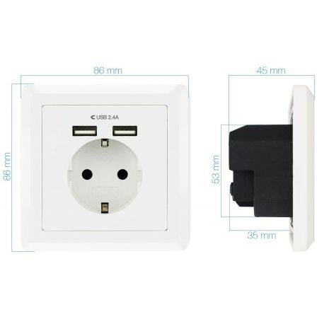 Nanocable Base de enchufe de pared Schuko con 2 puertos USB 2.4A Blanco